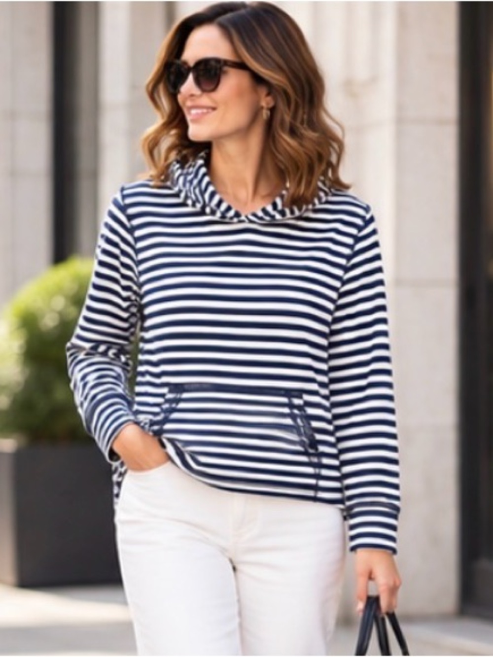 J. Crew Navy and White Striped Cowl Hoodie Sweater